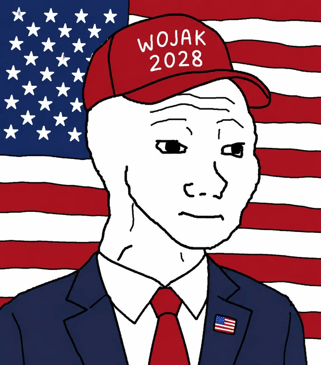A bald, hand-drawn cartoon 'Wojak' meme character wearing a red baseball cap reading 'WOJAK 2028', dressed in a dark blue suit, white shirt, and red tie with a small American flag pin on the lapel — Simple black-outline meme illustration with flat bold colors.